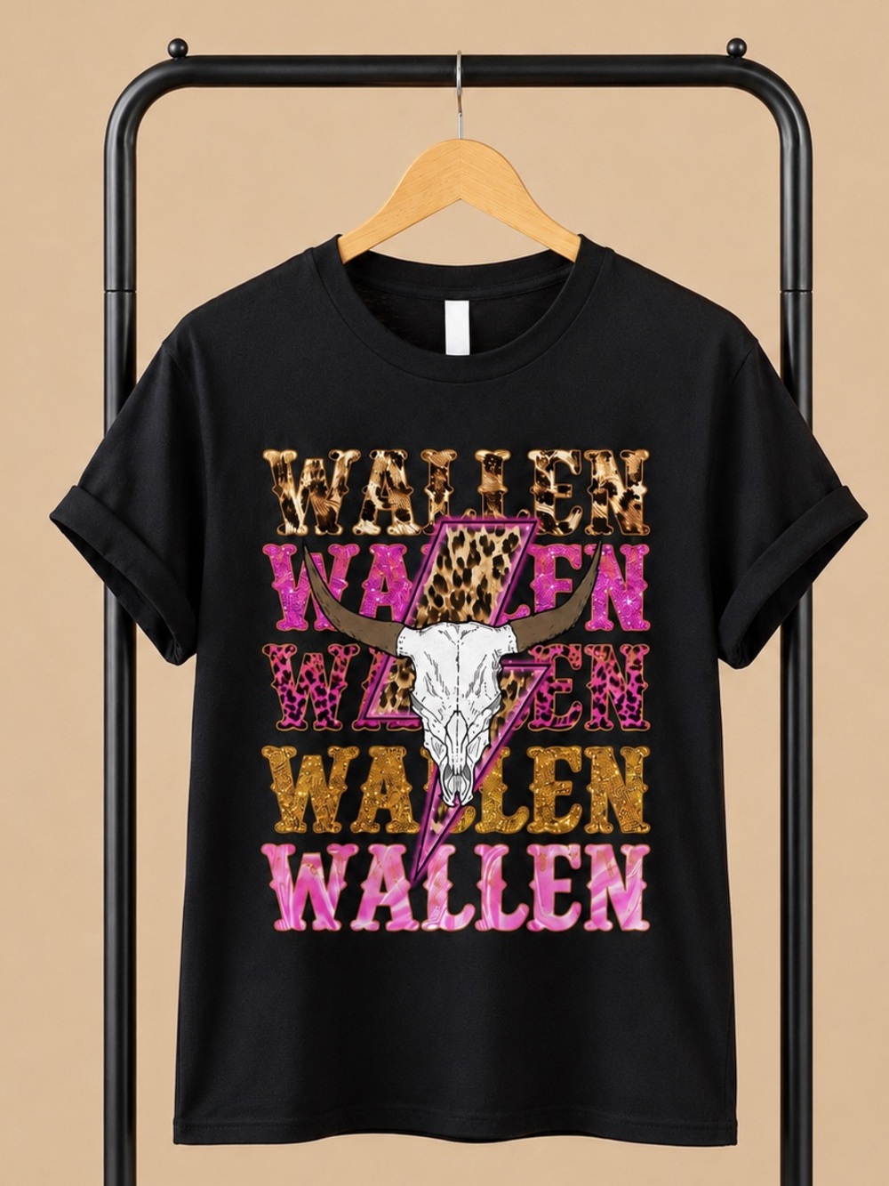 Bella Canvas Morgan Wallen Black Tee with Pink & Gold Leopard Graphic sizes S-L